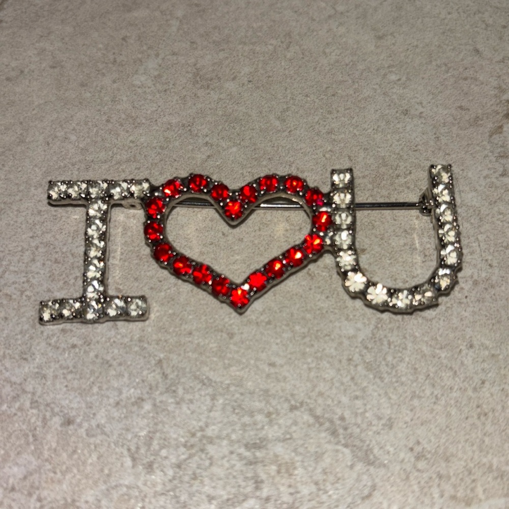 Dorothy Bauer Heart Rhinestone Pin - I love you  Brooch